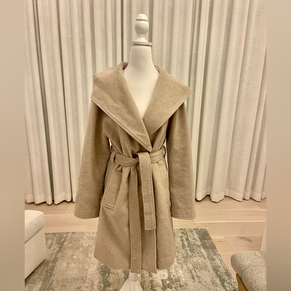 Avec Les Filles Womens Belted Wrap Coat Sz Medium Overlap Wool Blend EUC Hood